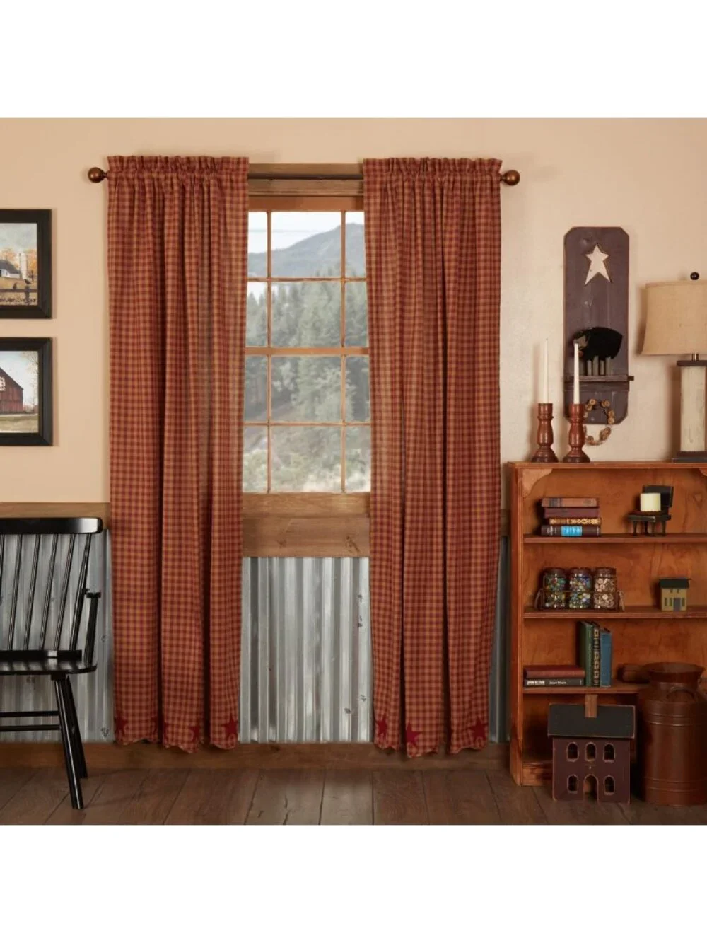 Classic Country Primitive Burgundy Star Scalloped Curtain Panel Pair - Cozy Home